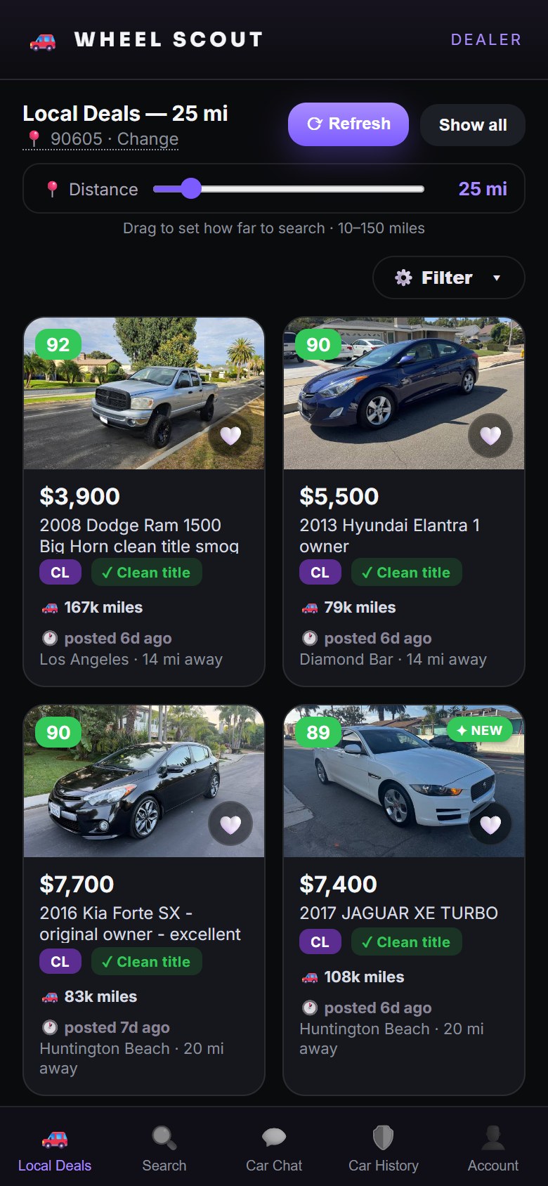 The Wheel Scout app showing local car deals scored 92, 90, 90 and 89, all clean title